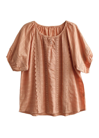 Top naranja de algodón liso con cuello redondo y botones para verano