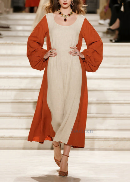 Vestido de algodón con patchwork naranja, cuello en U extragrande, primavera