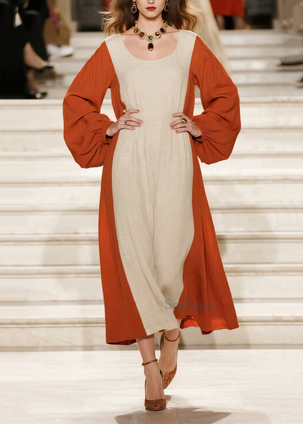 Vestido de algodón con patchwork naranja, cuello en U extragrande, primavera