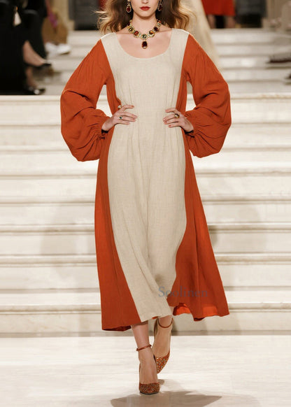 Vestido de algodón con patchwork naranja, cuello en U extragrande, primavera