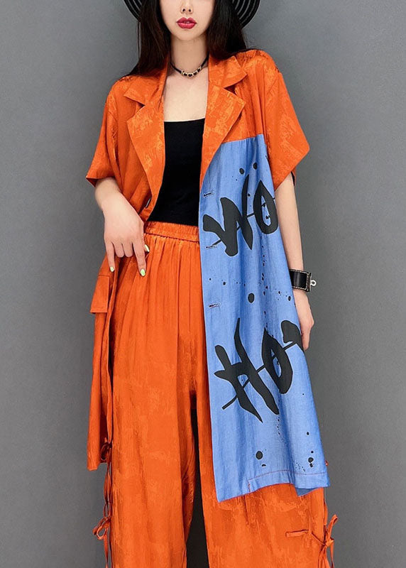 Orange Patchwork Baumwolle Zweiteiler Damenbekleidung Peter Pan Kragen Frühling