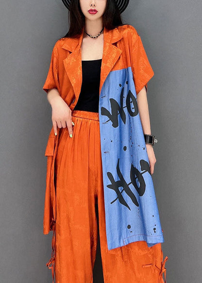 Orange Patchwork Baumwolle Zweiteiler Damenbekleidung Peter Pan Kragen Frühling