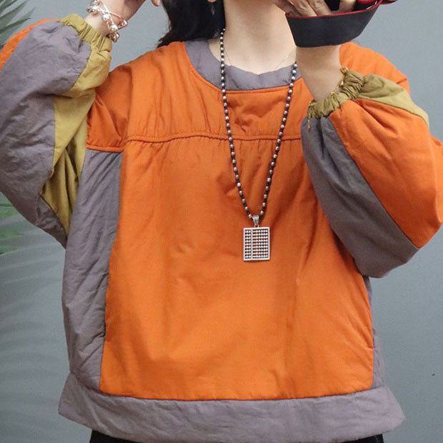 Orange Patchwork Feine Baumwolle Gefüllt Pullover Streetwear Winter