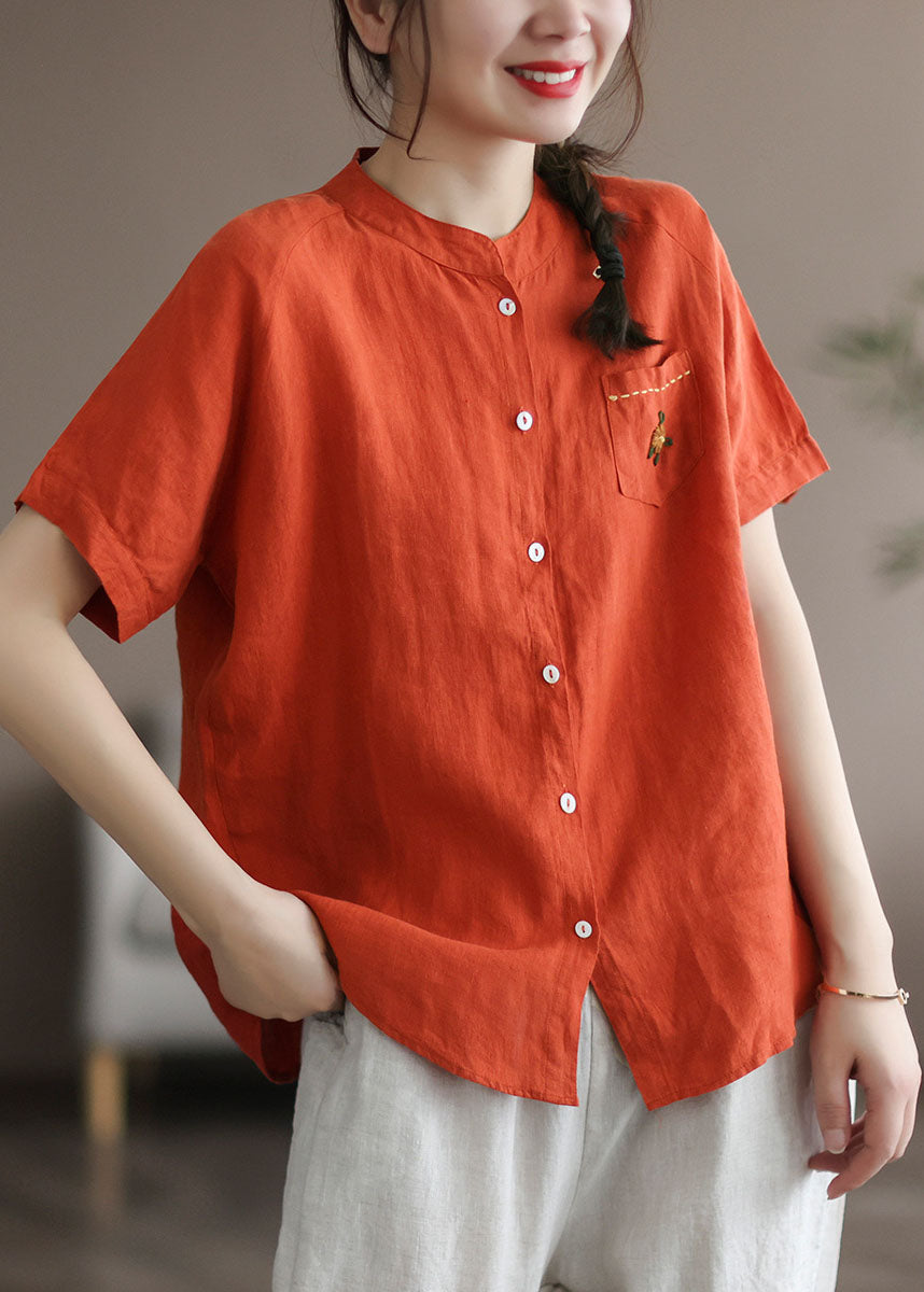 Orange Patchwork Leinen Shirt Top bestickt Knopf Sommer