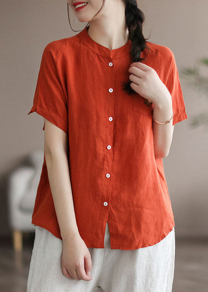 Orange Patchwork Leinen Shirt Top bestickt Knopf Sommer