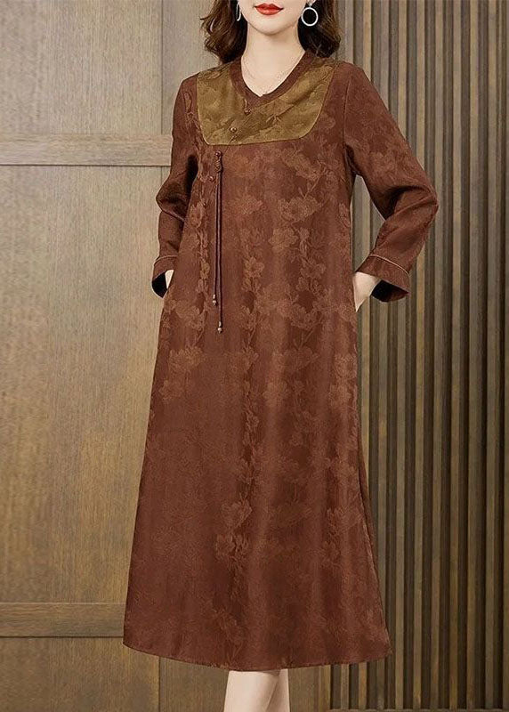 Orange Patchwork Seide Langes Kleid Quaste Jacquard Herbst