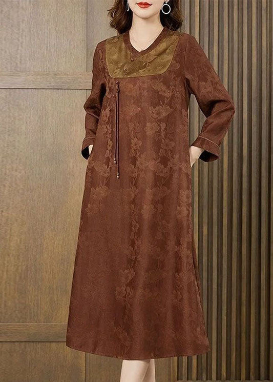 Orange Patchwork Seide Langes Kleid Quaste Jacquard Herbst