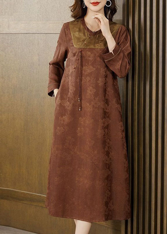 Orange Patchwork Seide Langes Kleid Quaste Jacquard Herbst