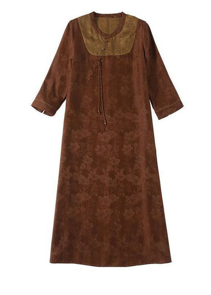 Orange Patchwork Seide Langes Kleid Quaste Jacquard Herbst