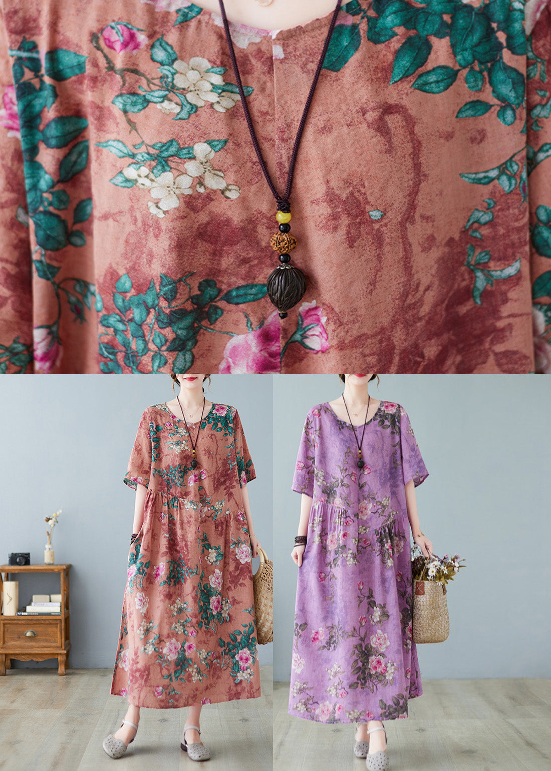 Vestidos largos de vacaciones arrugados con patchwork naranja y media manga