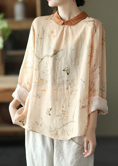 Oranges Langarmhemd aus Ramie mit Peter-Pan-Kragen