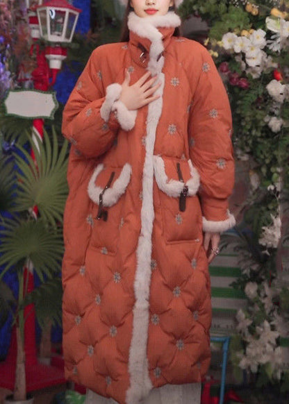 Orangefarbene Parkas mit Taschen, Kaninchenfell-Patchwork, Baumwollfüllung und Stickerei