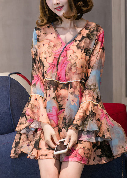 Orange Print Chiffon Shirts Asymmetrische Frühling