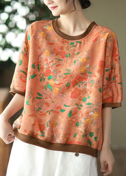 Camiseta de lino con estampado de patchwork naranja, cuello redondo y manga corta