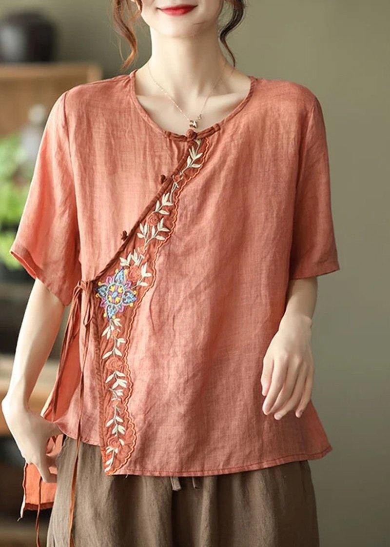 Orange Ramie Women Lace-up Embroidered Irregular Vintage T-shirt - SooLinen