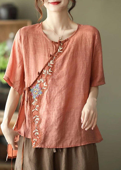 Orange Ramie Women Lace-up Embroidered Irregular Vintage T-shirt - SooLinen