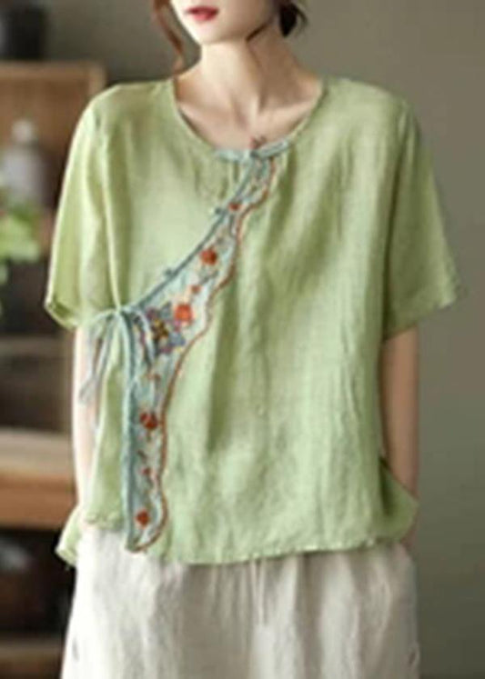 Orange Ramie Women Lace-up Embroidered Irregular Vintage T-shirt - SooLinen