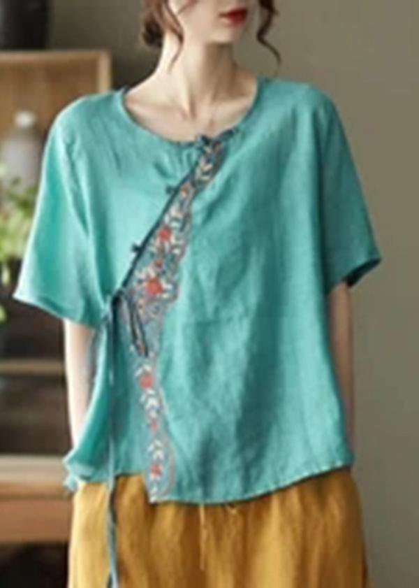 Orange Ramie Women Lace-up Embroidered Irregular Vintage T-shirt - SooLinen