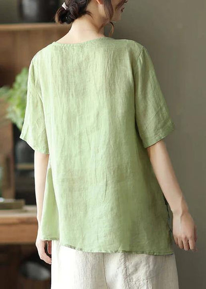 Orange Ramie Women Lace-up Embroidered Irregular Vintage T-shirt - SooLinen