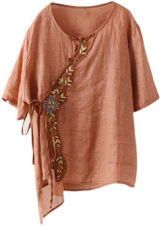 Orange Ramie Women Lace-up Embroidered Irregular Vintage T-shirt - SooLinen