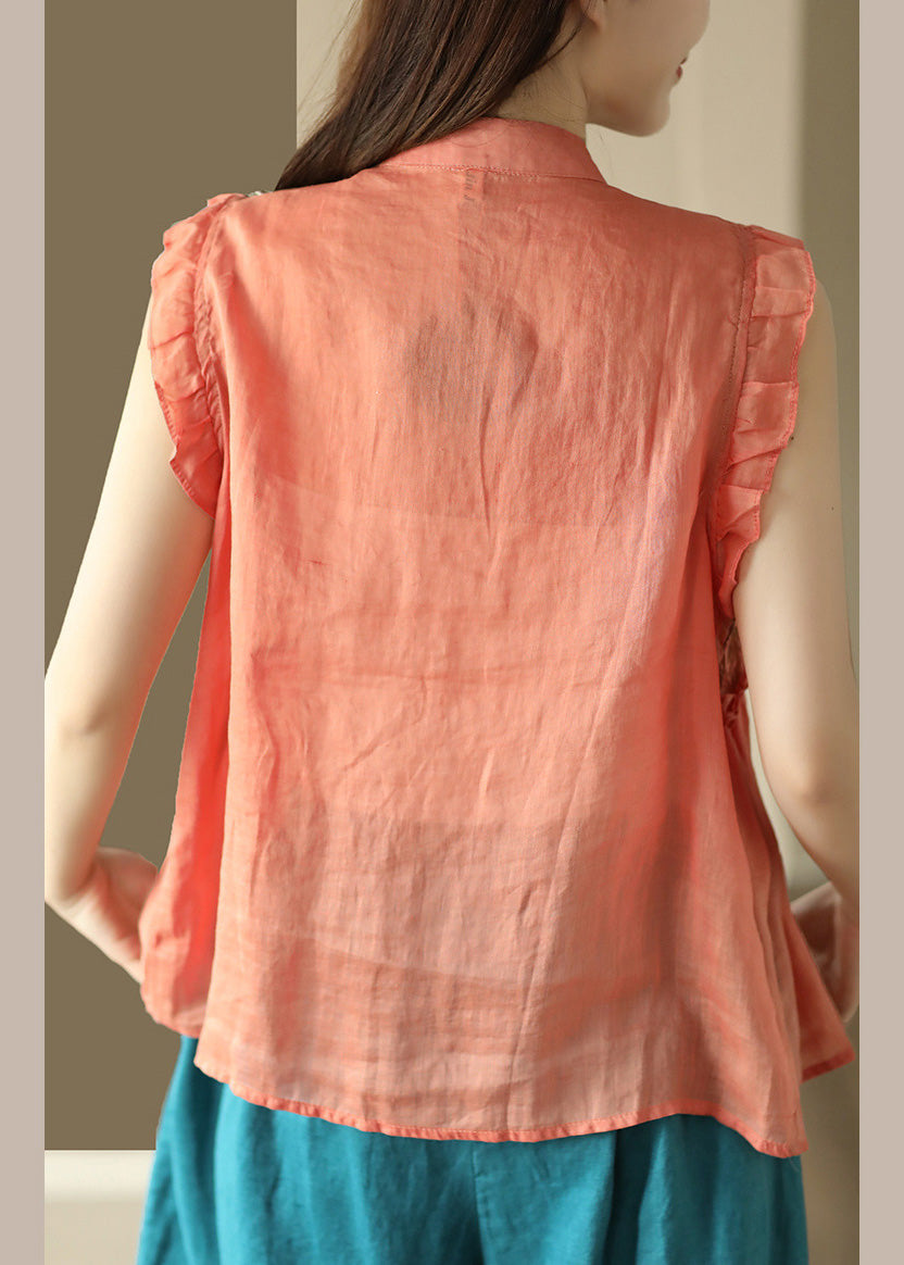 Camisa de ramio con botones y volantes naranja de verano
