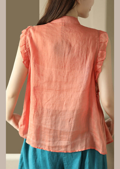 Camisa de ramio con botones y volantes naranja de verano