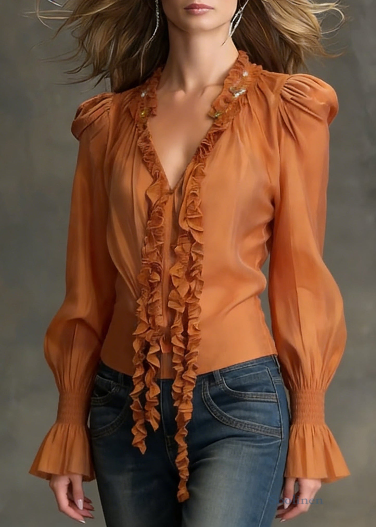 Orange Ruffled Cotton Blouse Tops V Neck Flare Sleeve