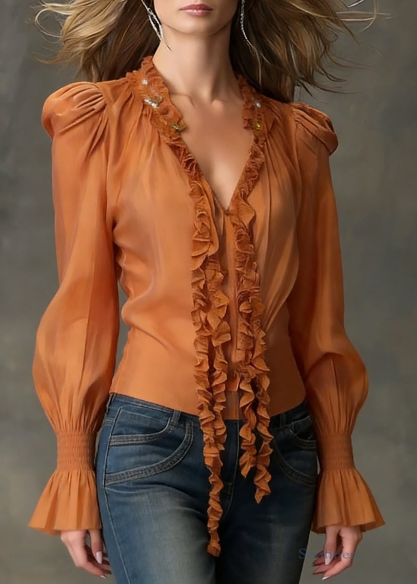 Orange Ruffled Cotton Blouse Tops V Neck Flare Sleeve