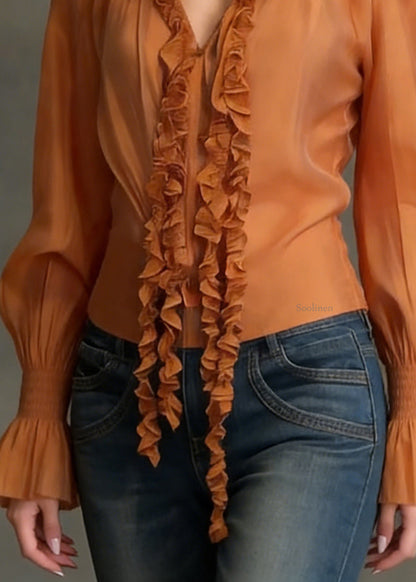 Orange Ruffled Cotton Blouse Tops V Neck Flare Sleeve
