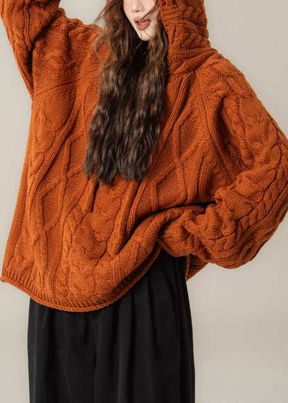 Orange Solid Oversized Cable Knit Spring Top Hooded
