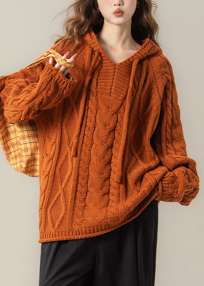 Orange Solid Oversized Cable Knit Spring Top Hooded