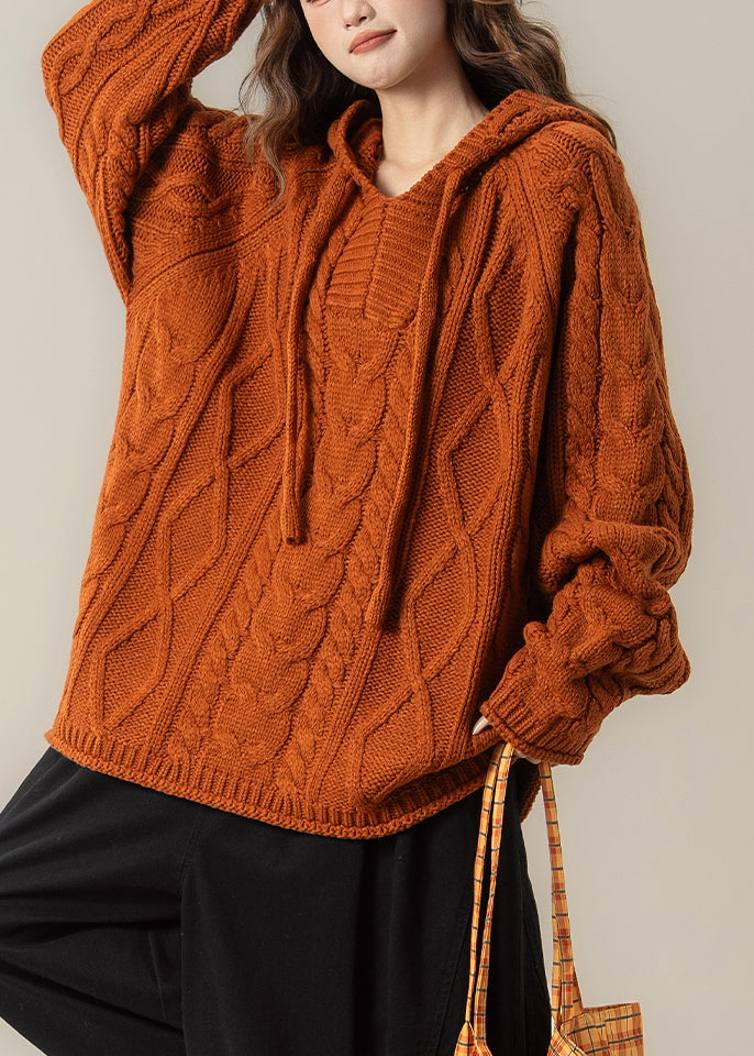 Orange Solid Oversized Cable Knit Spring Top Hooded