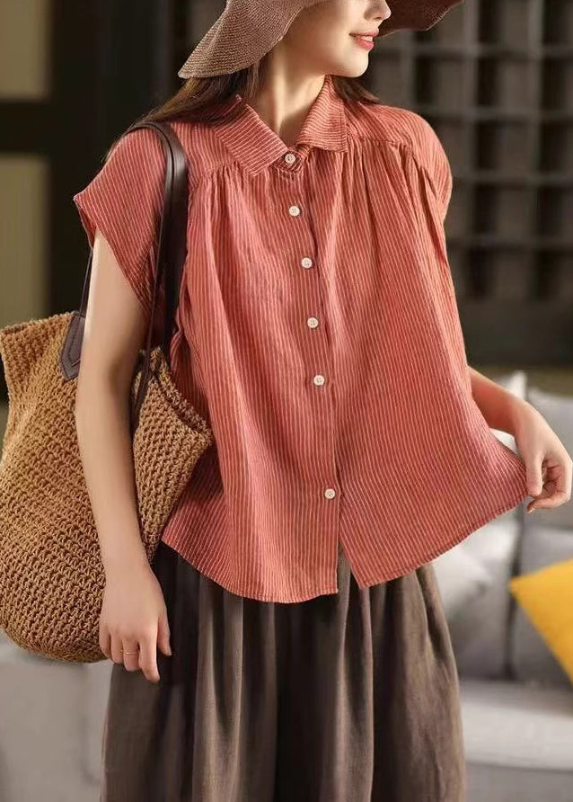 Orange Striped Button Linen Summer Blouses Peter Pan Collar