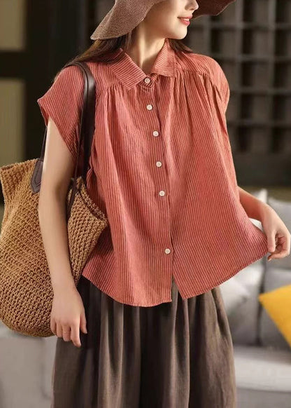 Orange Striped Button Linen Summer Blouses Peter Pan Collar