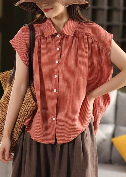 Orange Striped Button Linen Summer Blouses Peter Pan Collar