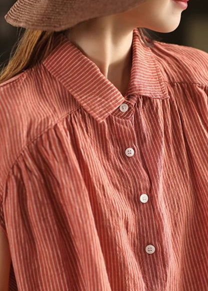 Orange Striped Button Linen Summer Blouses Peter Pan Collar