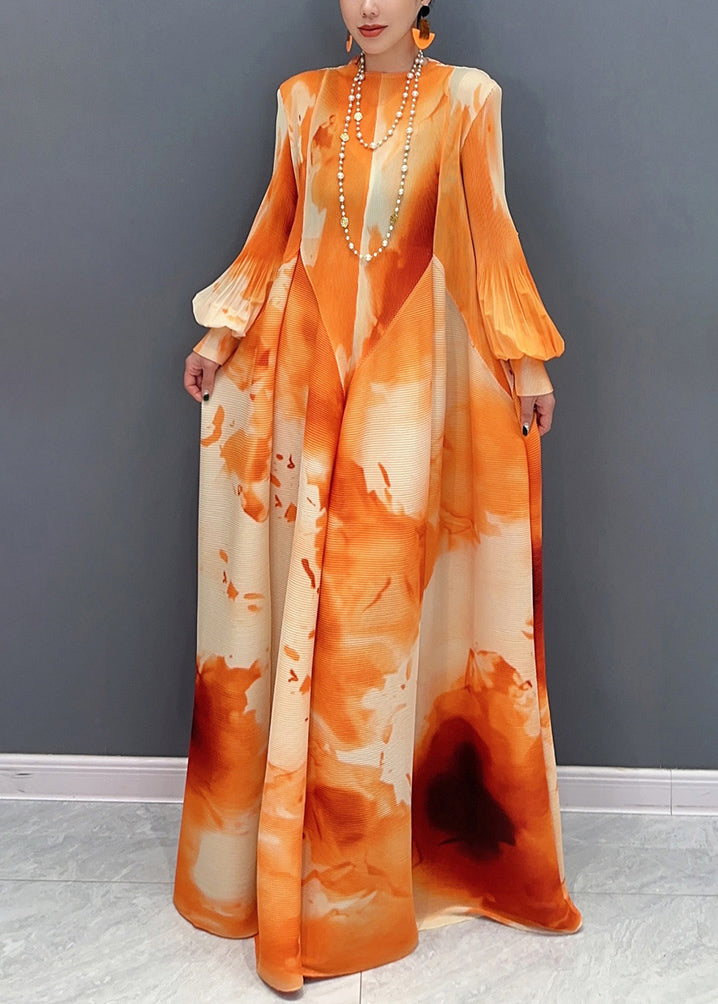 Orange Wrinkled Patchwork Cotton Maxi Dress O Neck Fall