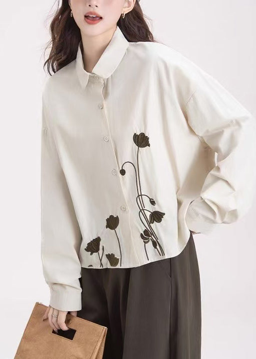 Organic Apricot Embroidered Floral Cotton Shirt Tops Spring