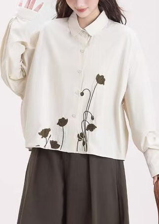 Organic Apricot Embroidered Floral Cotton Shirt Tops Spring