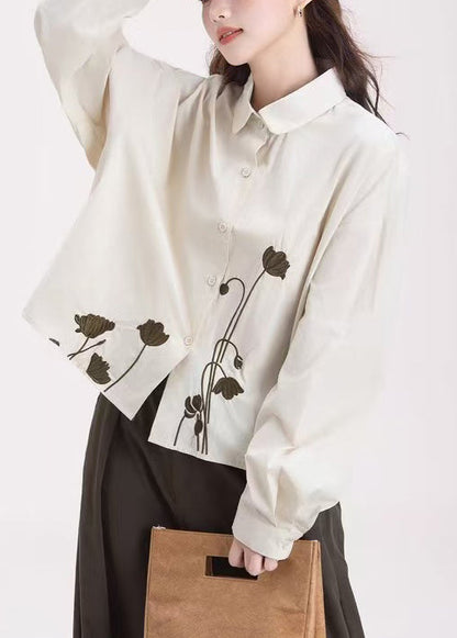Organic Apricot Embroidered Floral Cotton Shirt Tops Spring