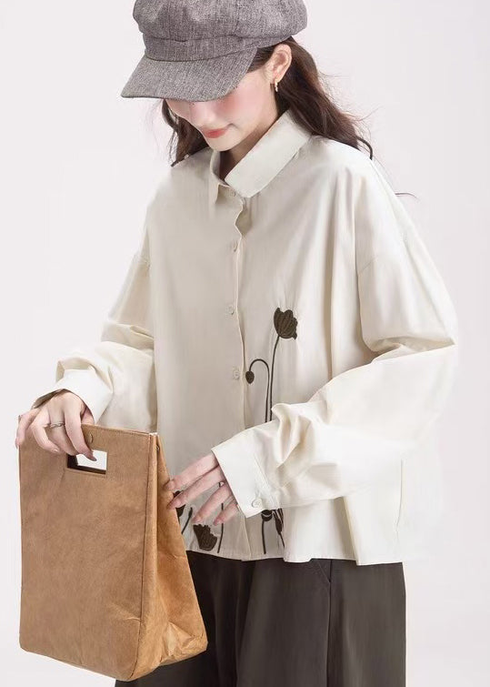Organic Apricot Embroidered Floral Cotton Shirt Tops Spring