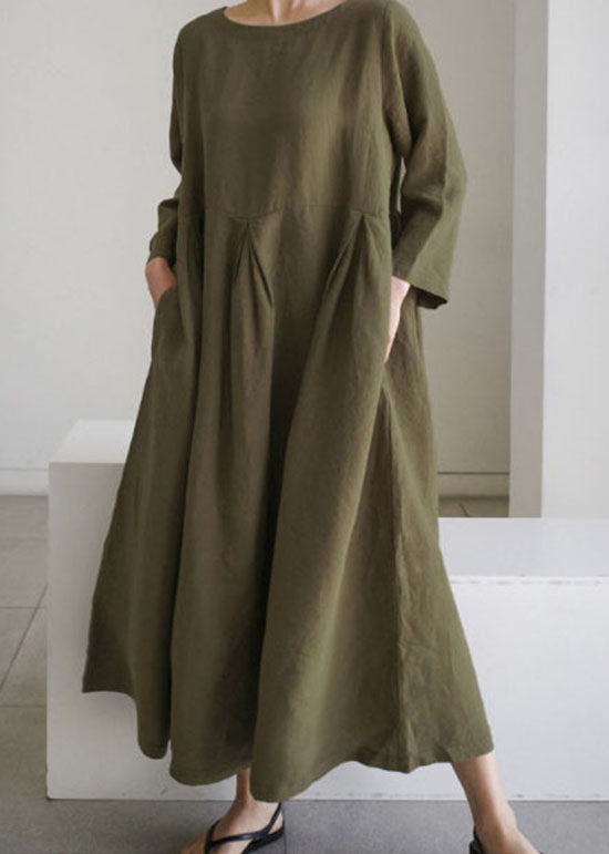 Bio Army Green O-Ausschnitt Loses Baumwollkleid Frühling