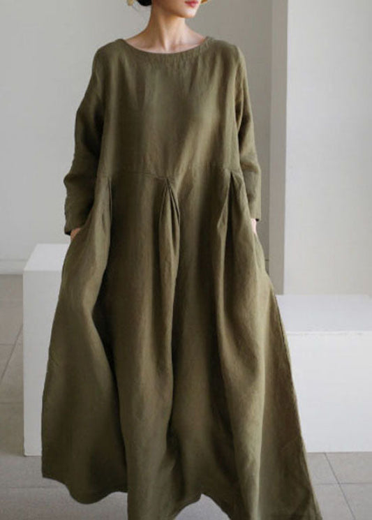 Bio Army Green O-Ausschnitt Loses Baumwollkleid Frühling