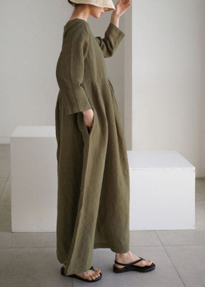 Bio Army Green O-Ausschnitt Loses Baumwollkleid Frühling