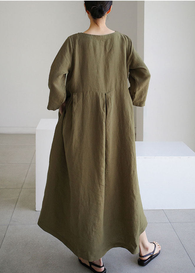 Bio Army Green O-Ausschnitt Loses Baumwollkleid Frühling