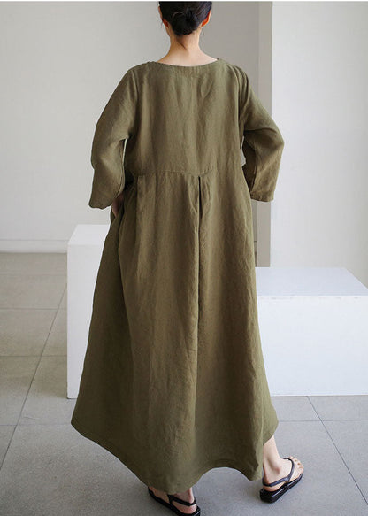 Bio Army Green O-Ausschnitt Loses Baumwollkleid Frühling