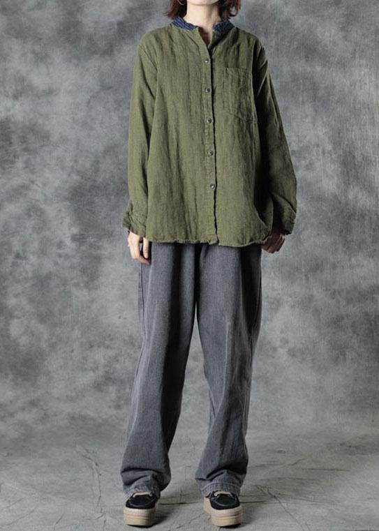 Organic Army Green Retro Pockets Fall Long Sleeve Top - SooLinen