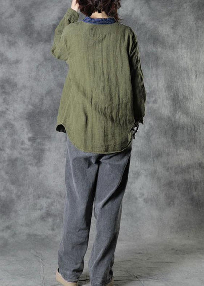 Organic Army Green Retro Pockets Fall Long Sleeve Top - SooLinen