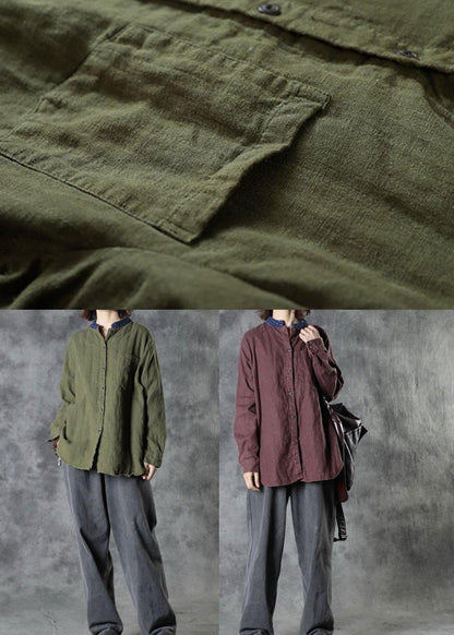 Organic Army Green Retro Pockets Fall Long Sleeve Top - SooLinen
