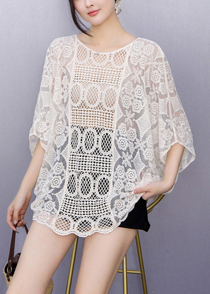 Organic Beige Hollow Out T Shirts Fall